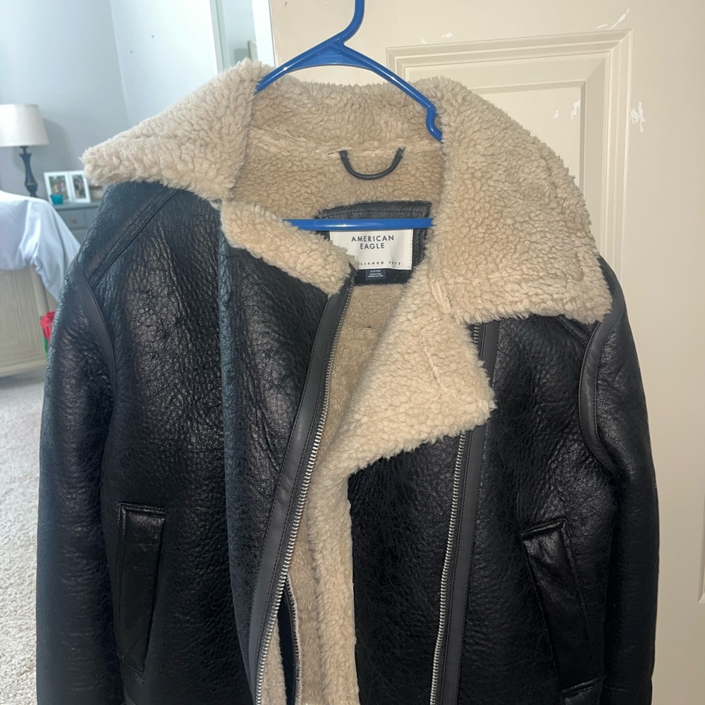 American Eagle Black and Cream Shearling Coat